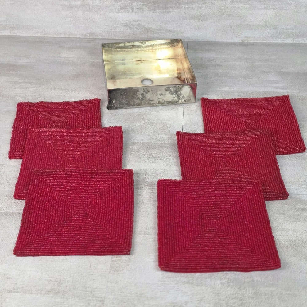 Vintage Silver Glamour Beaded Red Coasters Rectangle Set Of 6 Made In India